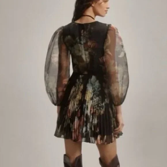 Pankaj & Nidhi Anthro Chiffon Floral Print Dress Long Sleeve Pleated Size Medium - Picture 2 of 16